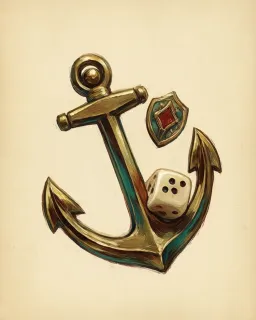 A brass anchor with a die resting on its fluke