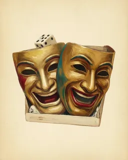 A gold comedy mask and tragedy mask with a die peeking over them
