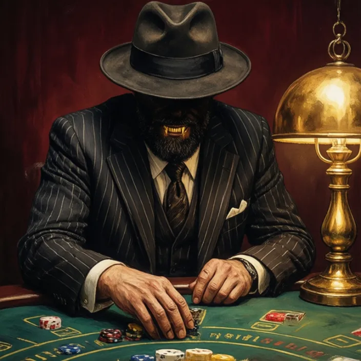 A pit boss in a pinstripe suit and fedora, his face in shadow, hands resting on a casino table