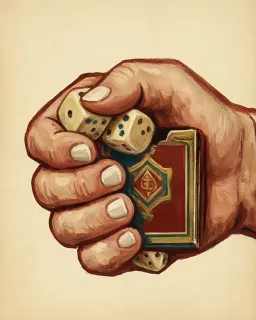 A hand clenched around two dice and a small red book