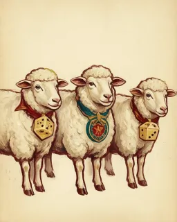 Three sheep wearing small dice on their collars