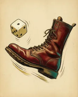 A leather boot kicking a die through the air