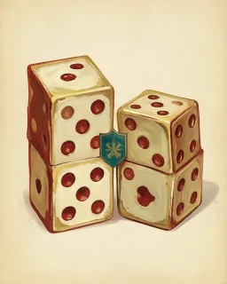 Three large ivory dice stacked together, one with a small teal shield