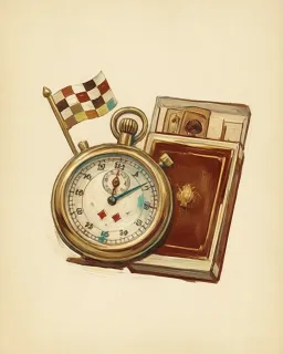 A stopwatch and a chequered flag beside a box of cards
