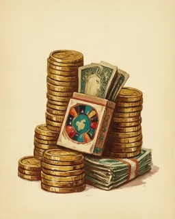 Stacks of gold coins and banknotes