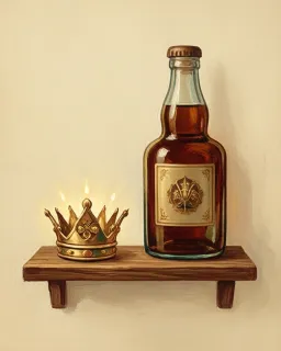 A bottle of whiskey and a small gold crown on a wooden shelf