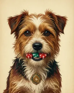 A scruffy terrier holding a casino chip in its mouth